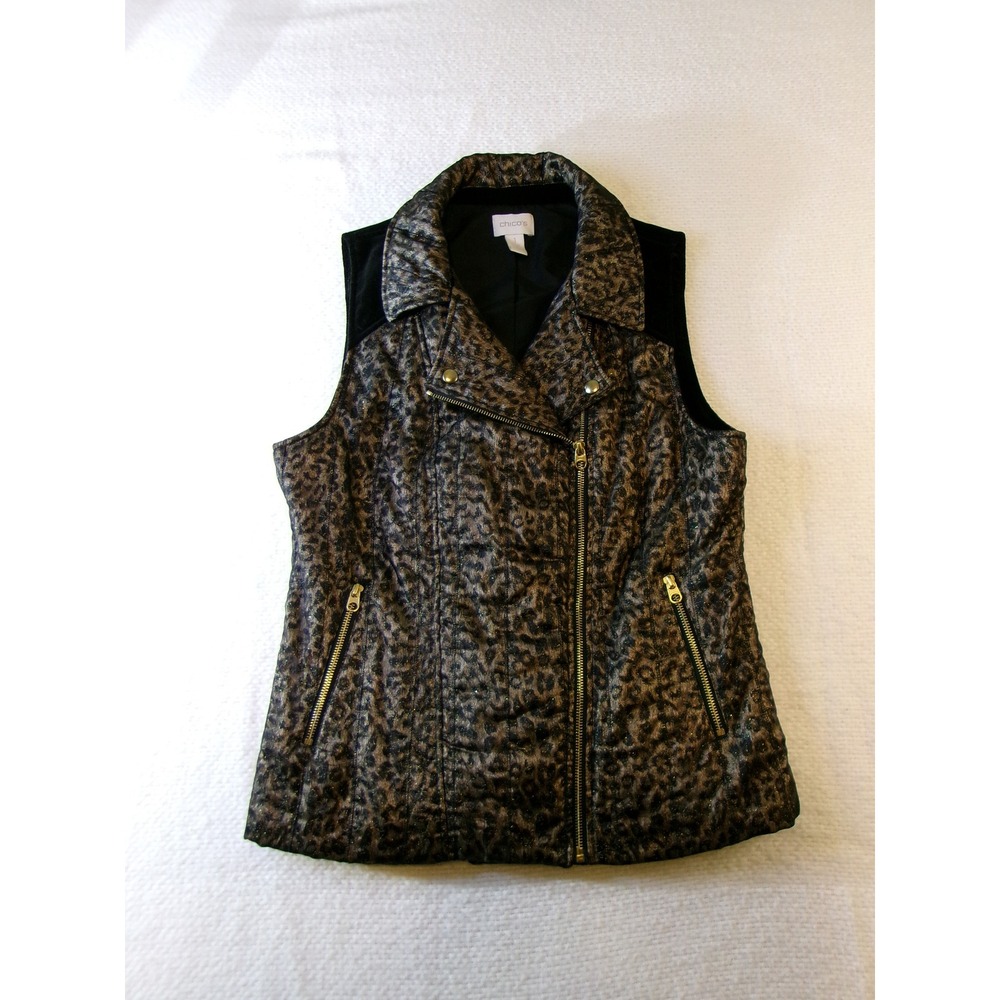 Chicos Metallic Leopard Print Lace‎ Moto Vest Black Gold Quilted Size 1 Medium
